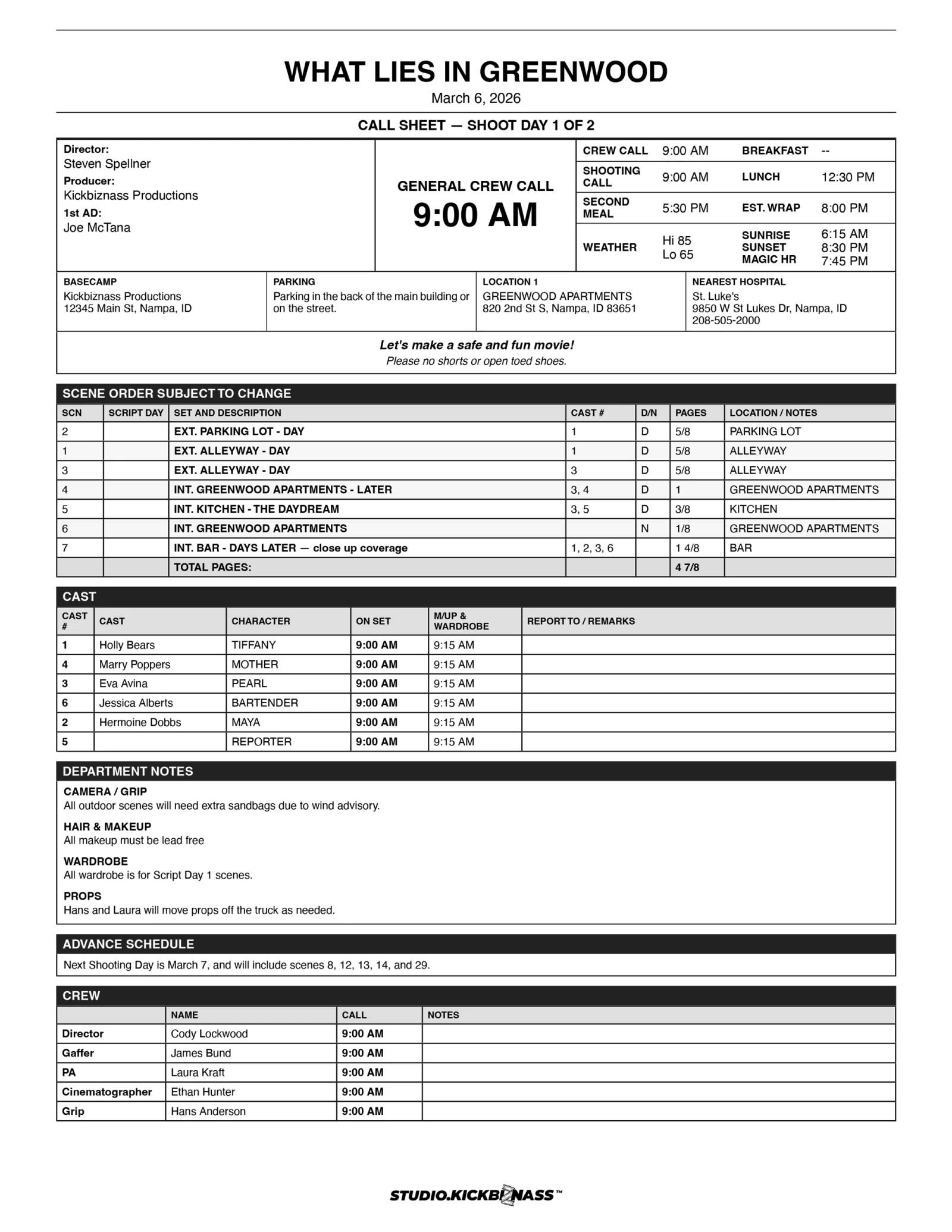 A sample call sheet with crew call, shooting order, cast times, and department notes.