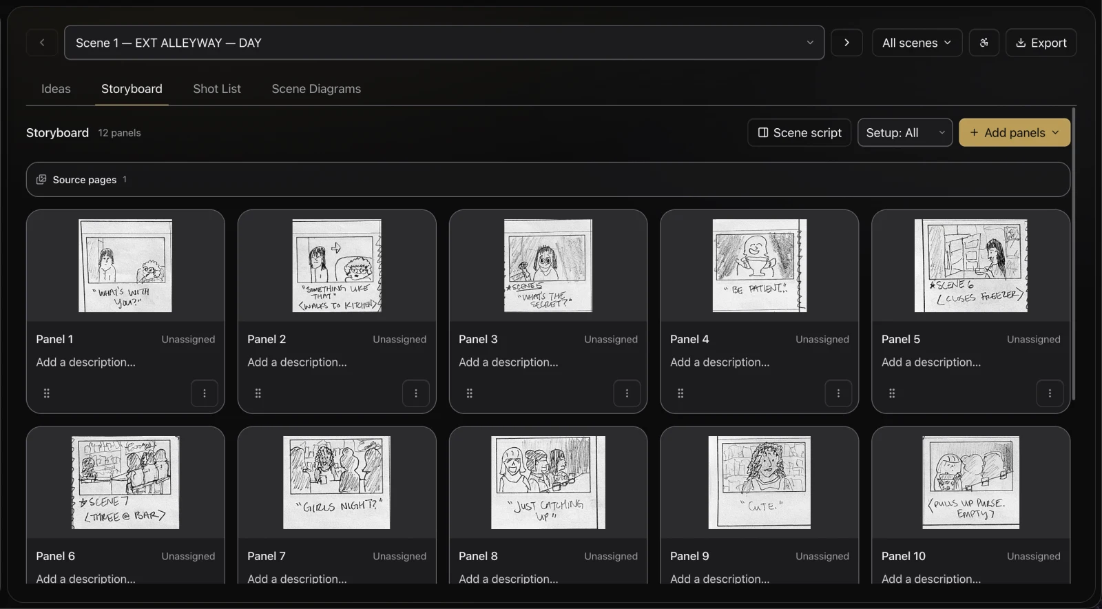 Hand-drawn storyboard panels arranged in the Studio scene preparation workspace.